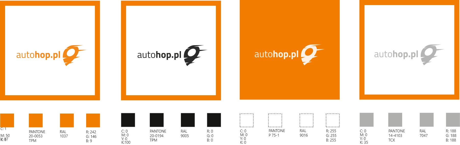 Schemat ukazujący kolorystykę sotosowaną przez markę AutoHOP w komunikacji marketingowej.